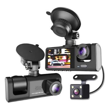 Imagem de Câmera Veicular DVR 3 Canais Full HD 1080p, Visão Noturna, Monitoramento de Estacionamento, Gravação em Loop, Ângulo 170° Frontal e 120° Interior/Traseira