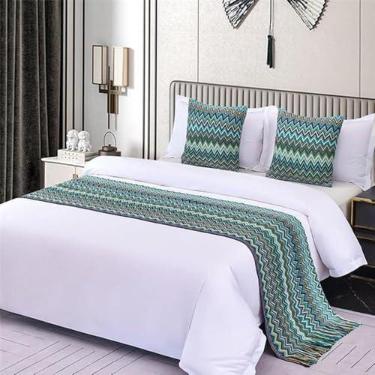 Imagem de Cachecol de cama de hotel, malha, macio, moderno, proteção de cama com borlas, colcha simples, decorativa, quarto, confortável, toalha de cama para solteiro, queen, tamanho king, azul, 50 x 210 cm