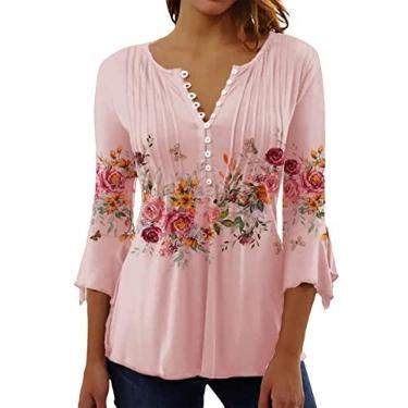 Imagem de Camisa Feminina Com Botão na Parte Superior, Cintura Apertada, Bainha Solta, Manga 3/4, Elegante, Respirável, Estampa Floral, Plissada, Feminina, Gola V, Manga Larga, para Festa