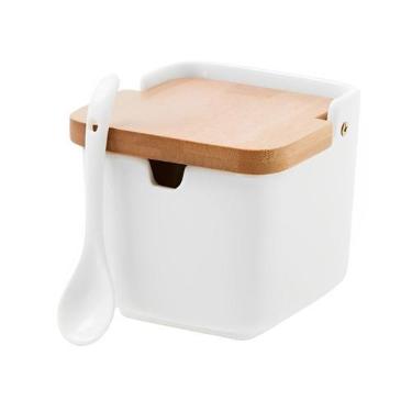 Imagem de Açucareiro Saleiro em Porcelana Com Colher e Tampa De Bambu - GENERIC