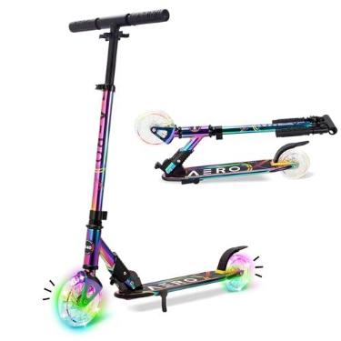 Imagem de Patinete Aero para crianças de 6 a 12 anos, meninos e meninas, patinete de 2 rodas com luzes de LED, acabamento cromado metálico, dobrável e com altura ajustável