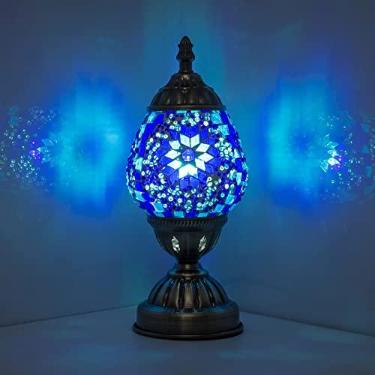 Imagem de Abajur de mesa marrocos turco feito à mão com mosaico de ovo abajur de vidro decoração de casa luminária de cabeceira Tiffany luz noturna para sala de estar quarto (azul)