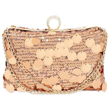 Imagem de Bolsa de noite com lantejoulas, bolsa clutch com anel para mulheres, bolsa transversal para casamento, formatura, festas, viagens (dourada), Dourado