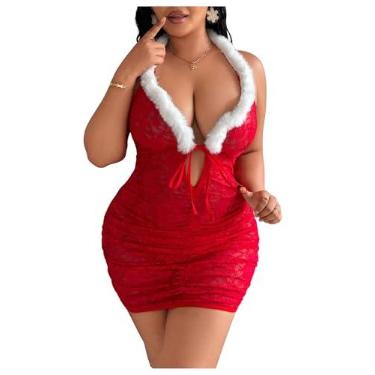 Imagem de SOLY HUX Lingerie feminina de renda plus size, 3 peças, fantasia de Papai Noel, acabamento felpudo, babydoll com tanga vermelha, 4GG Plus