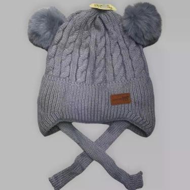 Imagem de Gorro Infantil OEM com Dois Pompom Amarrar Liso Forrado Acrílico Elastano Tamanho Único Cinza Criança
