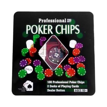 Imagem de JOGO DE FICHAS PARA POKER 100 FICHAS PLASTICO NA LATA 02 JOGOS DE BARALHO