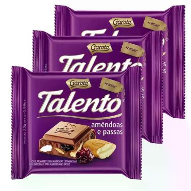 Imagem de Chocolate Garoto Talento Amêndoas e Uvas Passas 25g  Kit com três unid