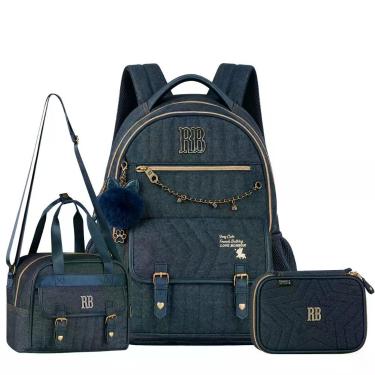 Imagem de Kit Mochila Costas Jeans Rebecca Bonbon Lancheira e Estojo Cor:Azul - 