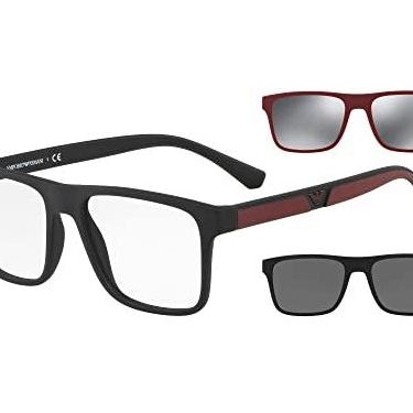 Imagem de Emporio Armani Armação masculina Ea4115f Low Bridge Fit com dois clipes de sol intercambiáveis retangulares, Preto fosco/transparente/cinza/espelhado, 54 mm