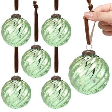 Imagem de Threan 6 peças de enfeites de Natal grandes vintage de vidro de mercúrio 8 cm enfeites de bola de Natal pendurados em relevo antigo para decoração de guirlanda de árvore de Natal (verde, torcida)