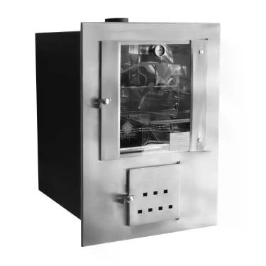 Imagem de Forno a Lenha de Embutir Elevare Industrial Frente Inox Escovado Preto com Porta de Vidro Temperado