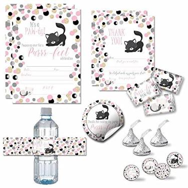 Imagem de O pacote de luxo para festa de aniversário de gatinho com bolinhas inclui 20 convites e cartões de agradecimento com envelopes + 2 tamanhos diferentes de adesivos, mini embalagens para barra de doces e etiquetas para garrafas de água!