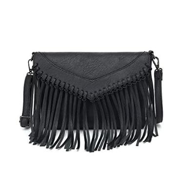 Imagem de Bolsa transversal com franjas para mulheres, bolsa vintage de couro boho, bolsa de ombro pequena com borla, Preto, Small
