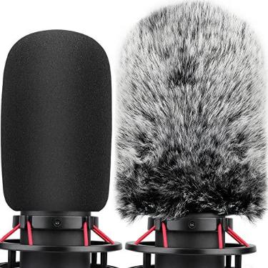 Imagem de Filtro pop para Hyperx Quadcast, capa de espuma de microfone + protetor de vento peludo compatível com microfone Hyperx Quadcast s capa de para-brisa com filtro pop para uso interno/externo, pacote com 2