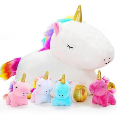 Imagem de Mamãe unicórnio de bicho de pelúcia com 4 bebês unicórnios para menina