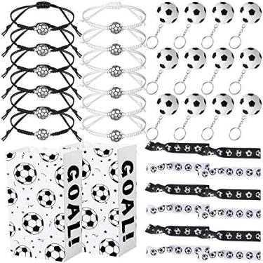Imagem de Conjunto de 48 peças de lembrancinhas de festa de futebol, inclui 12 elásticos de cabelo de futebol, 12 chaveiros de futebol, 12 pulseiras de futebol, 12 peças de sacos de lembrancinha de festa de futebol para crianças, aniversário, futebol americano, festa esportiva