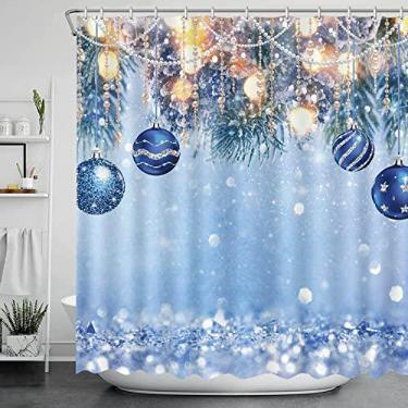 Imagem de AIBIIN Cortina de chuveiro de Natal para decoração de banheiro com 12 ganchos de plástico, bolas azuis de Natal, galhos de árvore de Natal, conjunto de cortinas de chuveiro de poliéster com pequenas