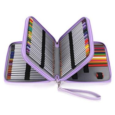 Imagem de BTSKY Estojo de couro PU de luxo para lápis de cor - 120 compartimentos | Porta-lápis com alça para lápis de cor prática grande para artistas, adultos, colorir, esboçar, desenhar