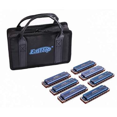 Imagem de Conjunto de 7 gaitas harpa blues 008K Harmônicas Diatônicas Profissionais 10 Furos 20 Tons Gaita para Jogadores Profissionais, Iniciantes, Estudantes com Bolsa de Presente Preta (Azul - 7 chaves)