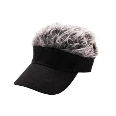 Imagem de Viseira novidade com boné de cabelo com peruca repicada chapéu de beisebol ajustável, Boné Preto Cabelo Grisalho