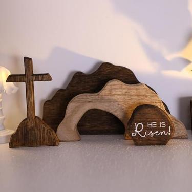 Imagem de Cena de Páscoa de túmulo vazio e decorações de cruz, de madeira He Is Risen Presépio ressurreição da Páscoa Cruz Jesus Bandeja em camadas para casa religiosa cristã mesa cornija prateleira escritório