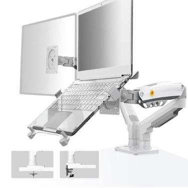 Imagem de Suporte de laptop com bandeja ajustável NB North Bayou F160-FP, para laptop de 10–17”, braço de movimento total com placa VESA para monitor de 17–30”, montagem de prensa/anel de rosquear (branco)