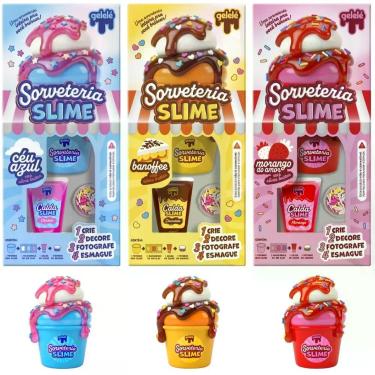 Imagem de Kit Slime Infantil Sorveteria Morango Céu Azul e Banoffe Criatividade e Coordenação Sensorial Gelelé