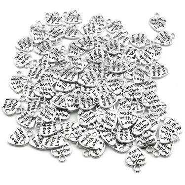 Imagem de heyous 100 peças de pingentes em forma de coração, etiquetas de metal feitas à mão, feitas com etiquetas de amor, entalhes, artesanato, colar, pulseiras, chaveiros, acessórios para fazer joias, 12x10
