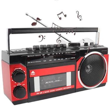 Imagem de Tocador de cassetes portátil, gravador de toca-fitas, rádio multibanda USB AM/FM/SW, reprodutor de fita cassete de áudio MP3 sem fio Bluetooth,Red