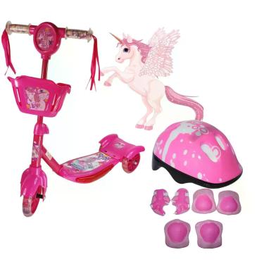 Imagem de Patinete Infantil 3 Rodas Com Cesta Unicornio E Kit Proteção - SAMBA T