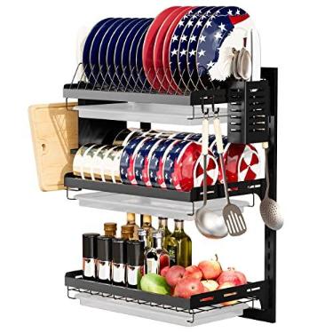 Imagem de Virgorack Escorredor de Pratos Grande de Parede de 3 Camadas, Aço Inoxidável, Escorredor de Pratos para Cozinha com Organizador de Utensílios (Preto)