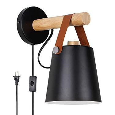 Imagem de Lâmpadas de parede para quarto preto, arandelas de parede plugáveis, luminárias de parede interna industrial, suporte para lâmpada E26 com lâmpada de madeira e couro Parede para mesinha de cabeceira, espelho de maquiagem ou corredor do corredor da fazenda