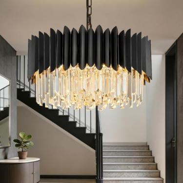 Imagem de YOLIZUOT Lustre De Cristal Preto De 20'', Lustre Redondo De Cristal K9 Ajustável, 4 Níveis, Grande, Moderno, 6 Luzes Para Sala De Jantar, Sala De Estar, Cozinha, Hall De Entrada