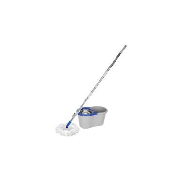 Imagem de Mop Balde Esfregão Giratório 360°, 8 Litros, com Refil Microfibra, Cabo Ajustável 130cm, Cinza e Azul
