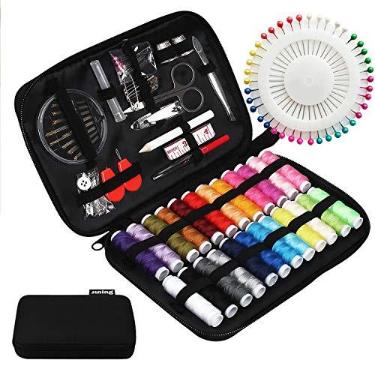 Imagem de Kit de costura JUNING com estojo, 130 peças de suprimentos de costura para viagens domésticas e emergências, máquina infantil, contém 24 carretéis de linha de 100 m, agulhas de costura e conserto, tesoura, dedal, fita métrica, etc.