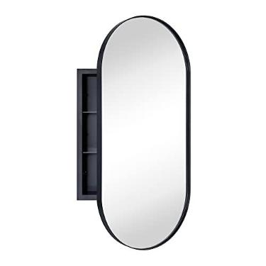 Imagem de EGHOME Armário de remédios para banheiro embutido oval preto fosco com espelho de aço inoxidável emoldurado em metal oblongo armário de banheiro em forma de pílula com espelho 40,6 x 83 cm