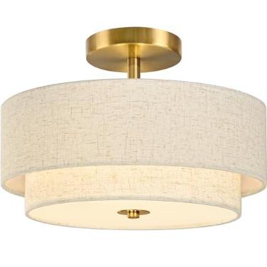 Imagem de Bagood Luminária de teto com 2 luzes semiembutidas, luminária de tambor dourada moderna de 30 cm com persiana de tecido de 2 camadas regulável perto do teto para sala de estar, corredor, quarto