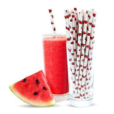 Imagem de Canudos de papel de melancia Party On Tap – Pacote de 100 decorações de festa temáticas de melancia biodegradável e descartável – 19,05 cm