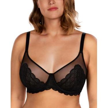 Imagem de HSIA Sutiã feminino com aro sem forro, sutiã não acolchoado, cobertura total, malha de renda, sexy, transparente, plus size, 32C-42DDD, Preto, 36C