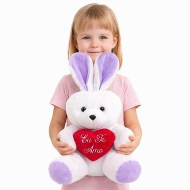 Imagem de Coelho Grande de Pelúcia 48cm com Coração "Eu Te Amo" Presente Infantil Páscoa (Lilás)