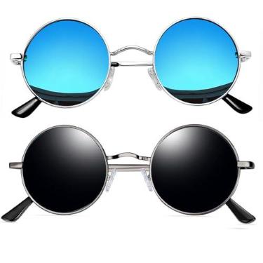 Imagem de Óculos de Sol Joopin Redondos Masculinos e Femininos Polarizados, Pequeno Círculo Hippie Vintage Retrô Steampunk Armação de Metal com Proteção UV (Azul + Cinzas de Arma)