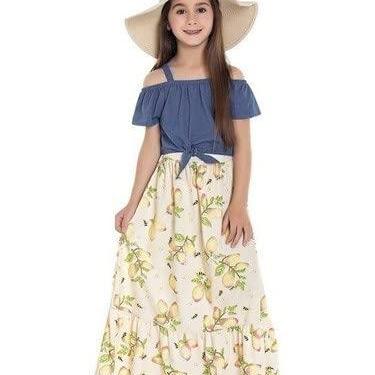 Imagem de Vestido Infantil Menina Longo Saia Florida Festa Ano Novo