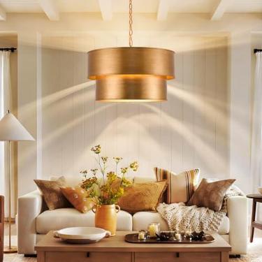 Imagem de Ludil Luminária De Lustre Dourada, Tambor 21" Com Cúpula Metal Bronze Antigo 2 Camadas, Pingente Grande 6 Luzes Para Sala Jantar, Quarto, Estar, Cozinha, Ilha, Hall Entrada