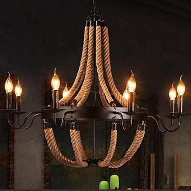 Imagem de Lustre rústico de corda de cânhamo, luminária pendente E14, luminária de teto vintage, luminária industrial de metal para pendurar na mesa de jantar, sala de jantar, cozinha, sala de estar,