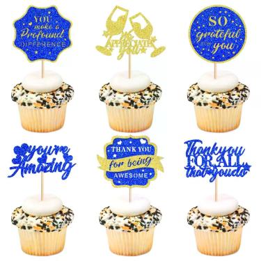 Imagem de Ercadio 24 toppers brilhantes para cupcakes em azul e dourado