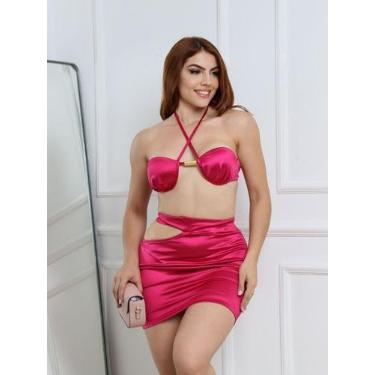Imagem de Conjunto Saia e Top sem alça Com Amarração Atrás - luh may, P, Rosa