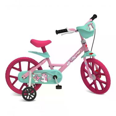 Imagem de Bicicleta Infantil Unicórnio Aro 14 90 a 110 cm Freio Simples com Cestinha Rosa Brinquedos Bandeirante