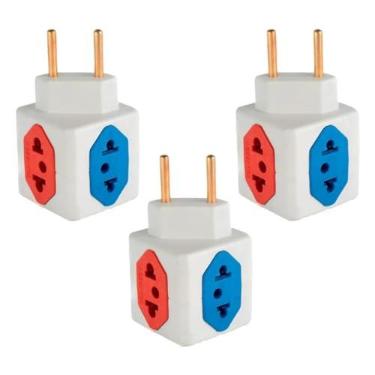 Imagem de KIT Com 3 Adaptadores Benjamim Cubo 3D Com 3 Entradas de Tomada 10 Amperes E 1 Entrada de Tomada 20 Amperes Colorido Vermelho Azul Plug Padrão Novo 3 Pinos Resistente PREMIUM ONYK