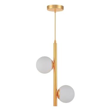 Imagem de Luminária Pendente Lustre Jabuticaba Dourado Com 2 Bolas Globo Esfera Opaco Leitoso Branco Moderno Luxo INL115