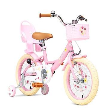 Imagem de Bixike Bicicleta para meninas com cesta para crianças de 3 a 8 anos, bicicleta infantil de 14 e 16 polegadas com sino, suporte e rodas de treinamento, bicicleta estilo princesa com assento de boneca e